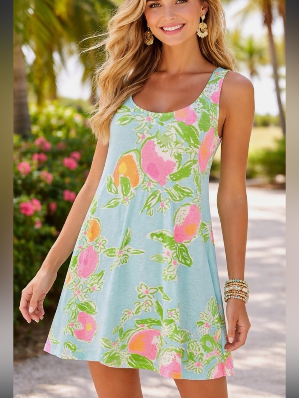 Lilly Pulitzer Carmel Aqua Tank Swing Dress with Pink & Green Floral Print